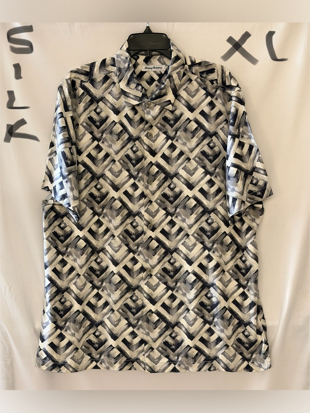 Tommy Bahama Black and White Geometric Silk Button-Down Shirt